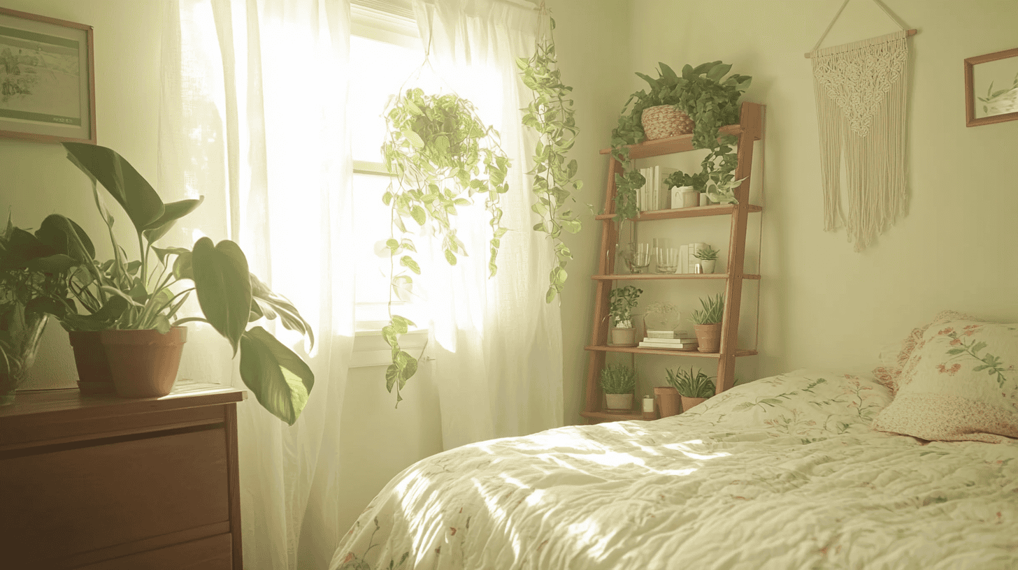 a bedroom decorated with various plants, for spring bedroom ideas
