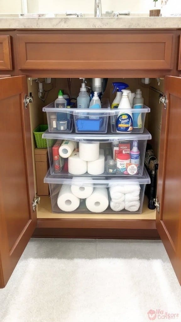 Under-sink organizers showcasing bins and cleaning supplies