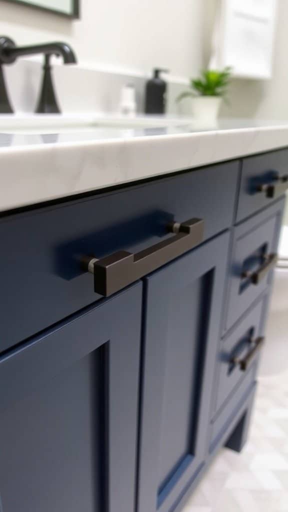 A person holding a golden cabinet knob in a bathroom setting.