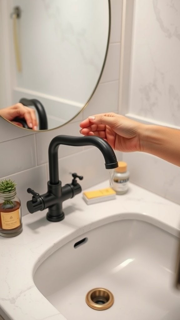 A close-up view of a modern faucet in a stylish bathroom setting