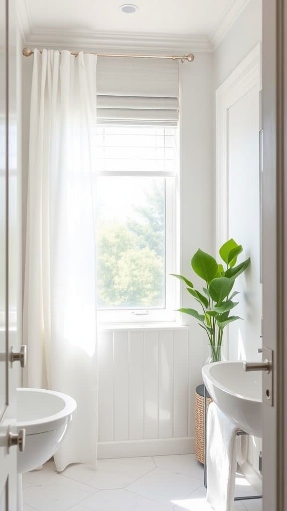 Bright and airy small bathroom with elegant window treatments