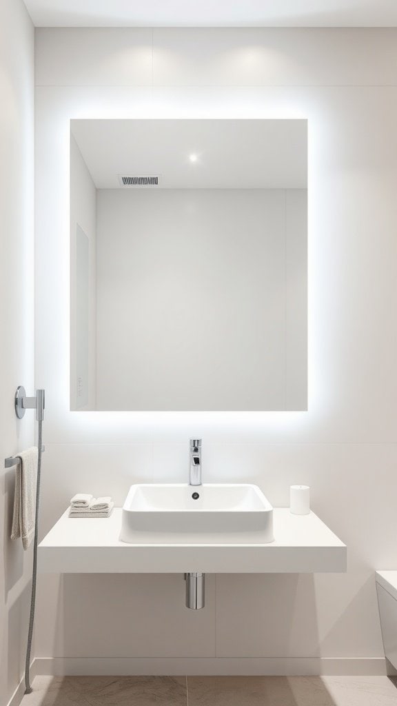 Small bathroom with a frameless mirror above a modern sink.