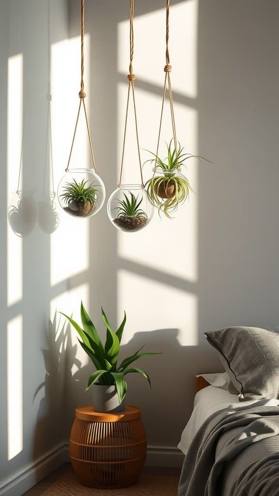Hanging glass planters with air plants in a bright bedroom