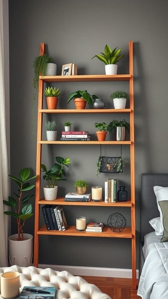 A stylish ladder shelf displaying various plants and books