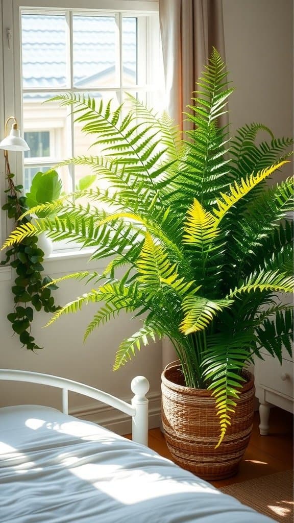 A large fern plant in a bright bedroom setting