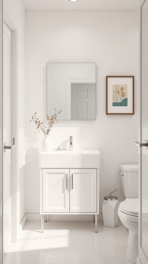 A minimalist full bathroom with a white vanity, mirror, and simple decorations.