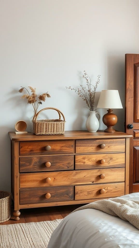 A cozy bedroom featuring a reclaimed wood dresser with decorative elements.