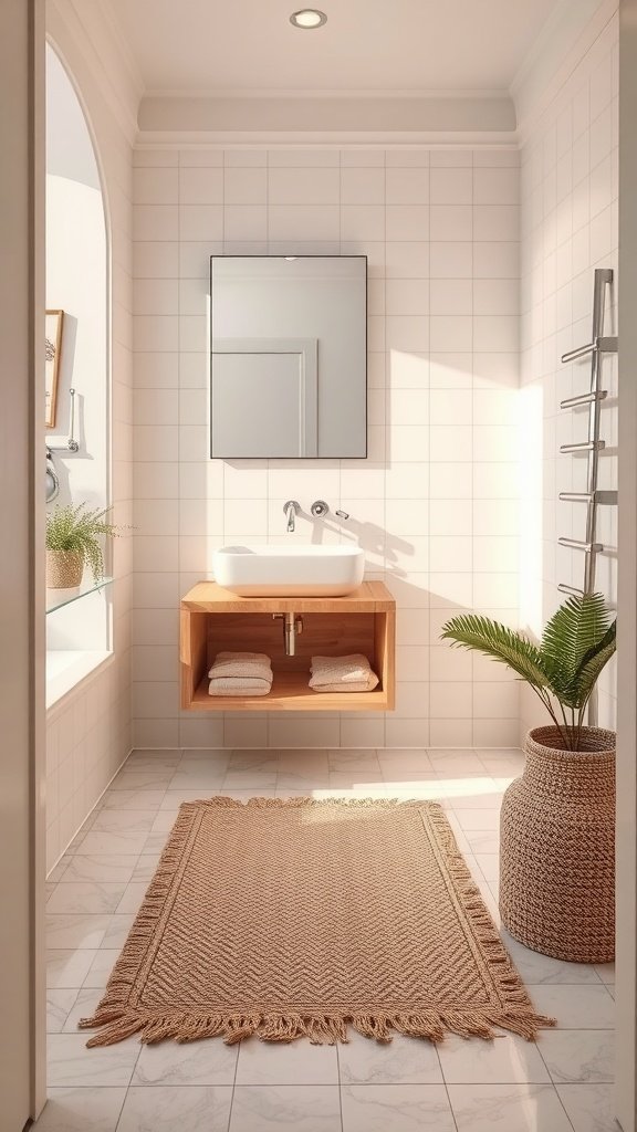 A small, textured rug placed in a bright, modern bathroom