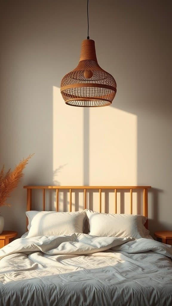 Wicker or rattan pendant light in a cozy bedroom setting