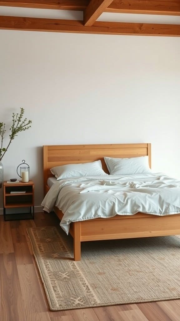 A cozy bedroom featuring a wooden bed frame