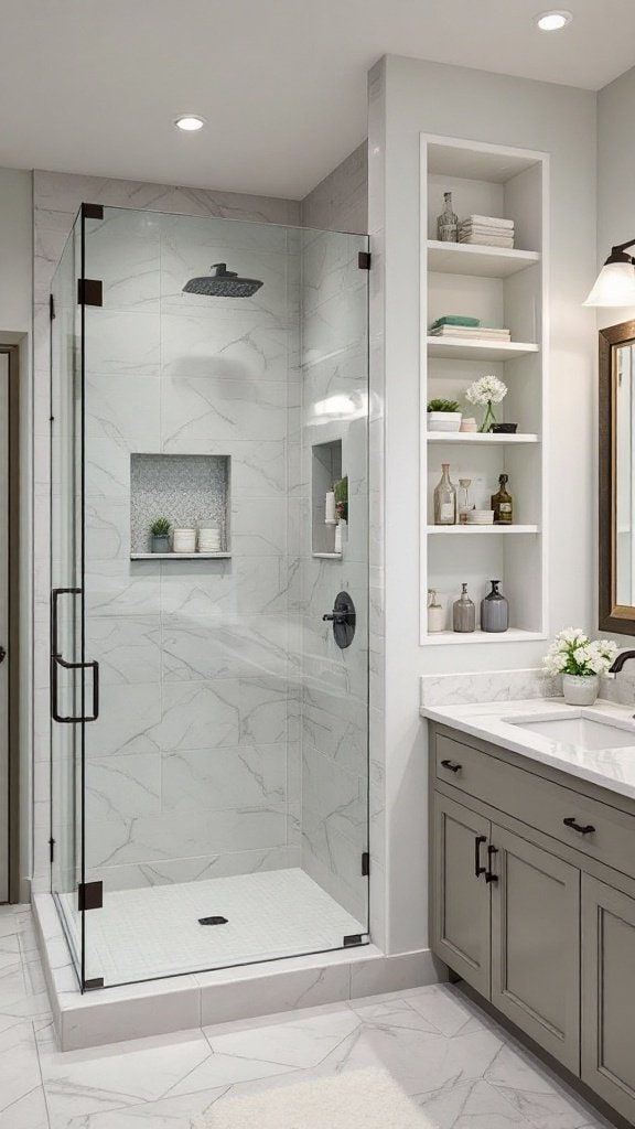 Small full bathroom with built-in shelving and a glass shower
