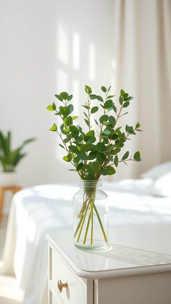 A vase with eucalyptus stems on a nightstand in a bright bedroom.