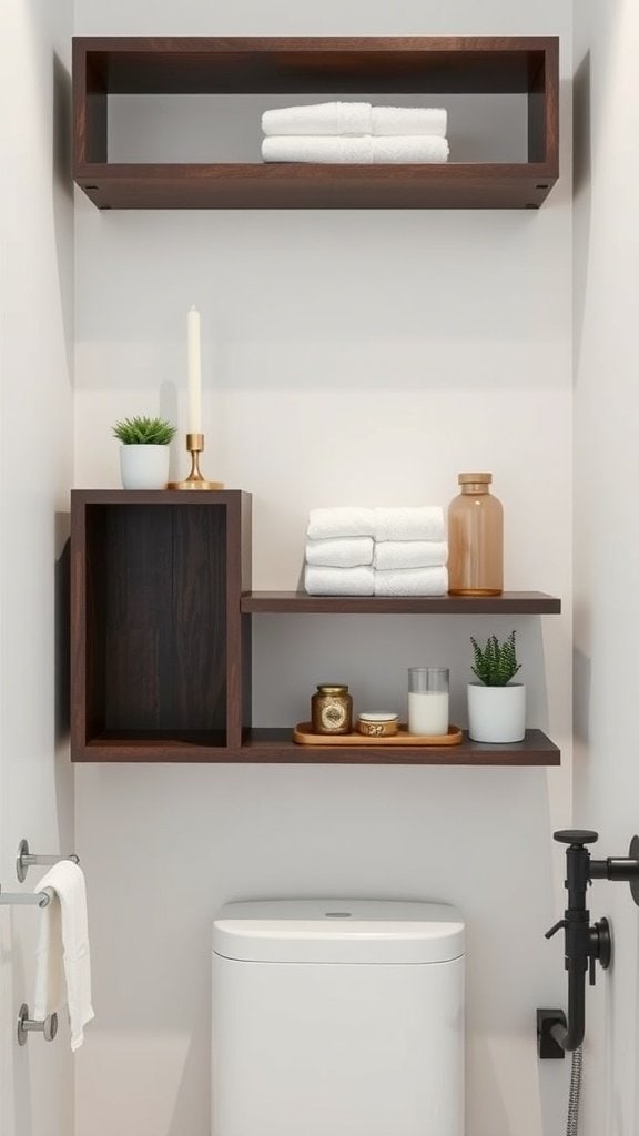 Floating shelves in a small bathroom showcasing towels and decorative items