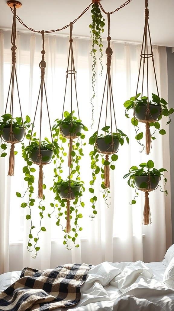 A cozy bedroom with hanging planters filled with green plants, adding a fresh touch.