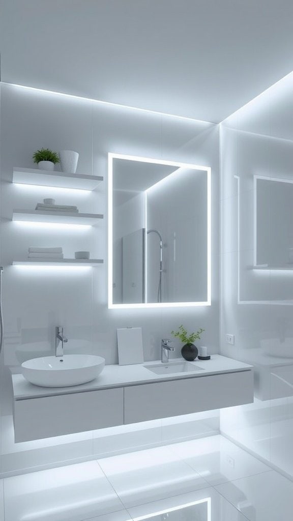 A modern small bathroom featuring LED strip lighting under shelves and around the mirror.