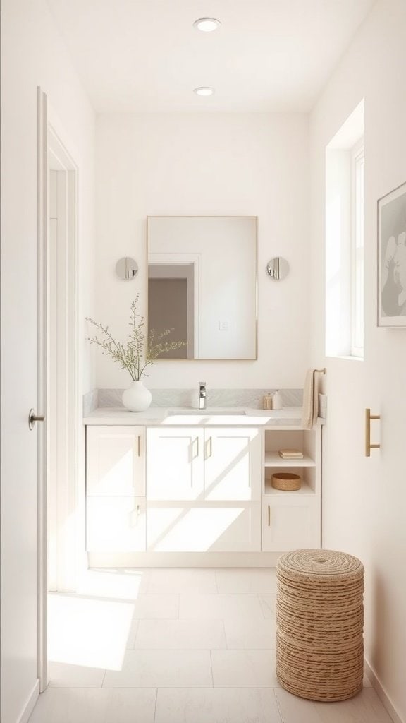 A small, well-decorated bathroom with light colors and natural light.