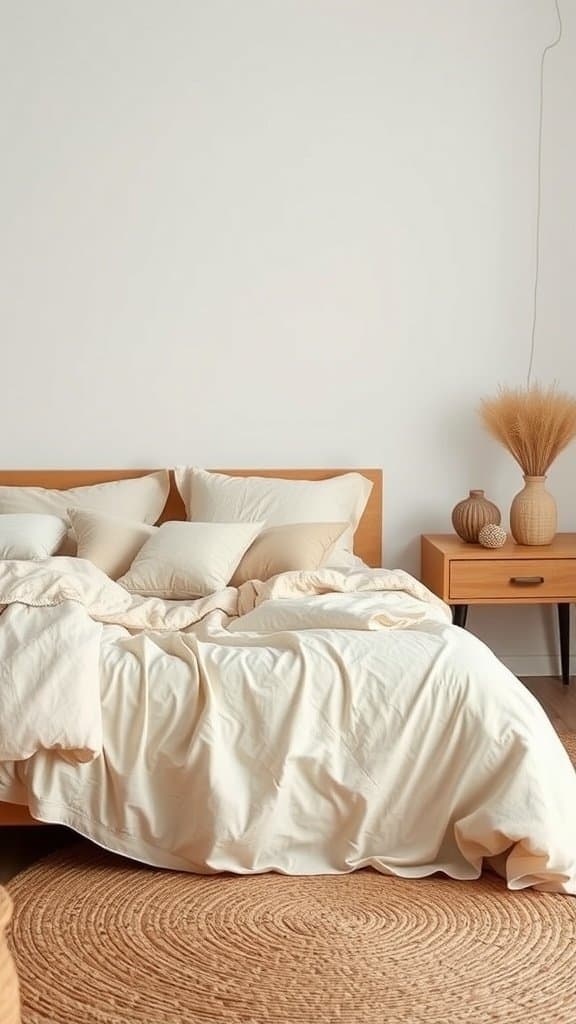 A cozy bedroom with natural linen bedding, creating a soft and organic look.