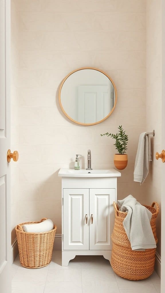 Small bathroom with peel-and-stick wallpaper, round mirror, and storage baskets.