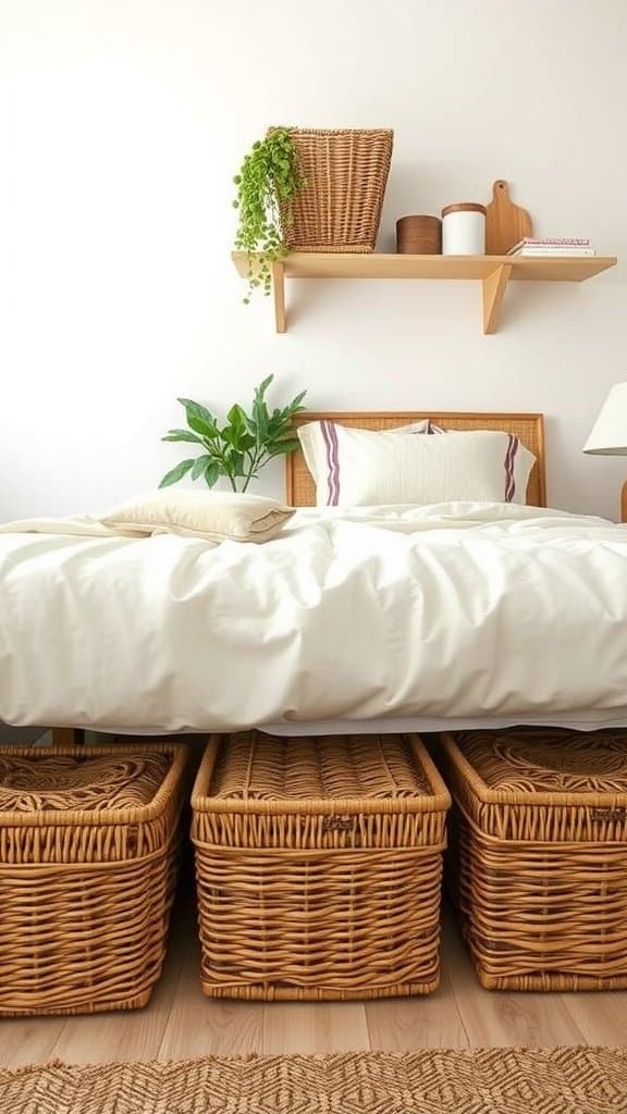 Cozy bedroom with rattan and wicker storage baskets