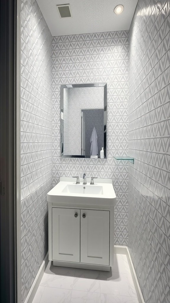 A small bathroom with reflective wallpaper, showcasing a clean design and modern fixtures.