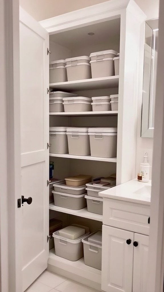A small full bathroom featuring stackable storage bins in a closet