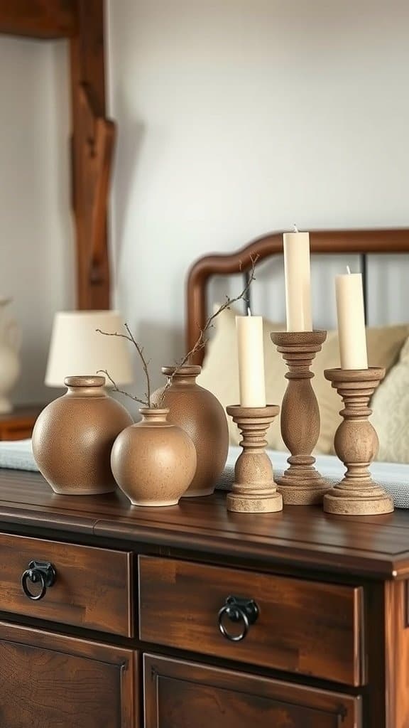 Decorative stone and clay vases with candles on a wooden table