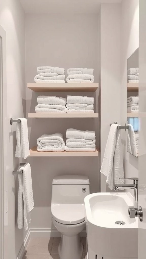 A small bathroom with neatly arranged white towels on shelves and hanging on towel bars.
