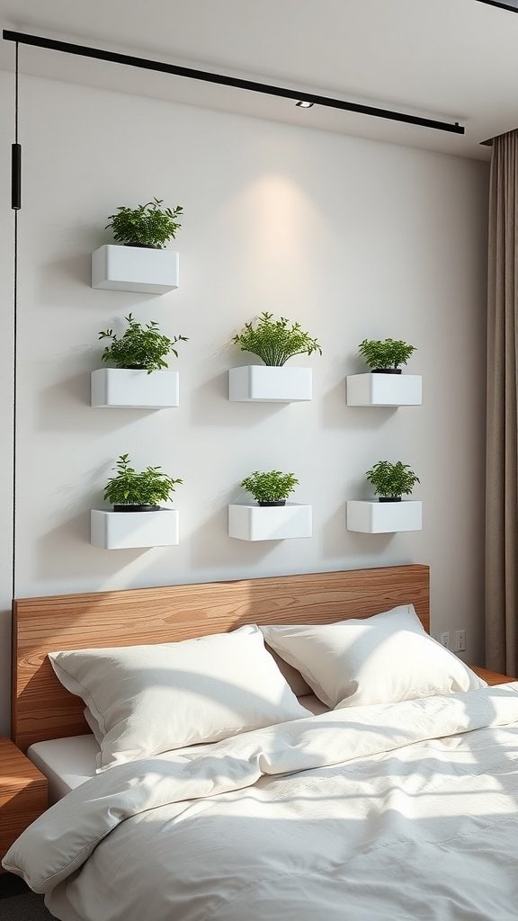 Wall-mounted planters with greenery on a bedroom wall