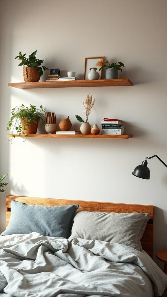 A cozy bedroom featuring wooden floating shelves with plants and decorative items.
