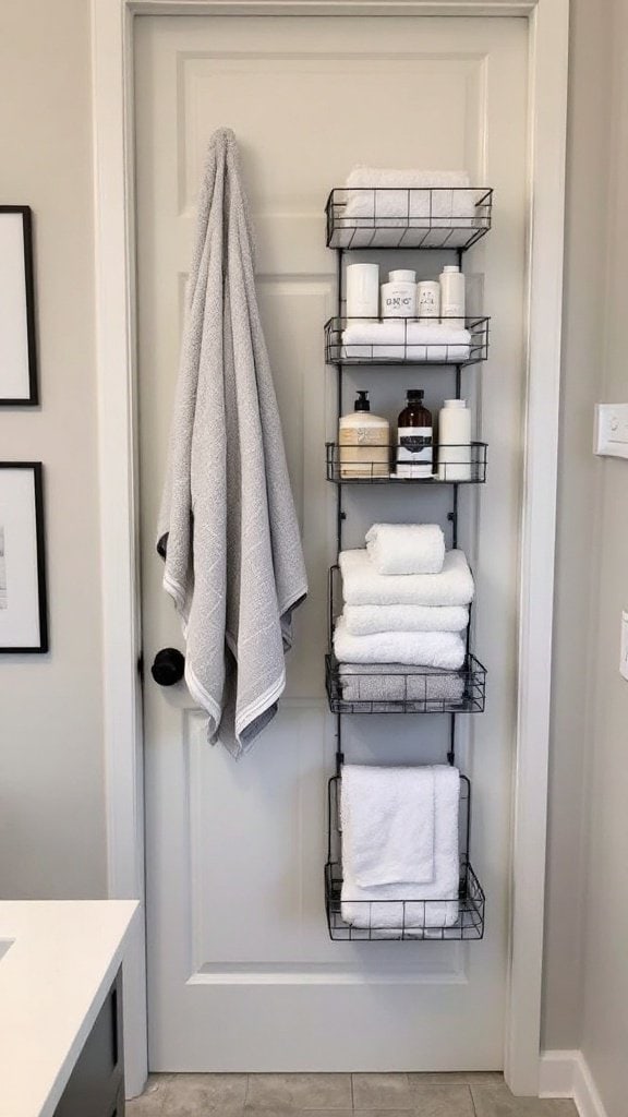 A bathroom door with a towel rack and shelf holding neatly folded towels and a small plant.