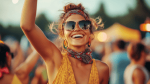 a woman in a boho outfit at an outdoor rock concert