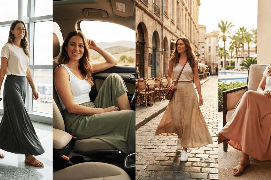 collage of maxi skirt styles for travel