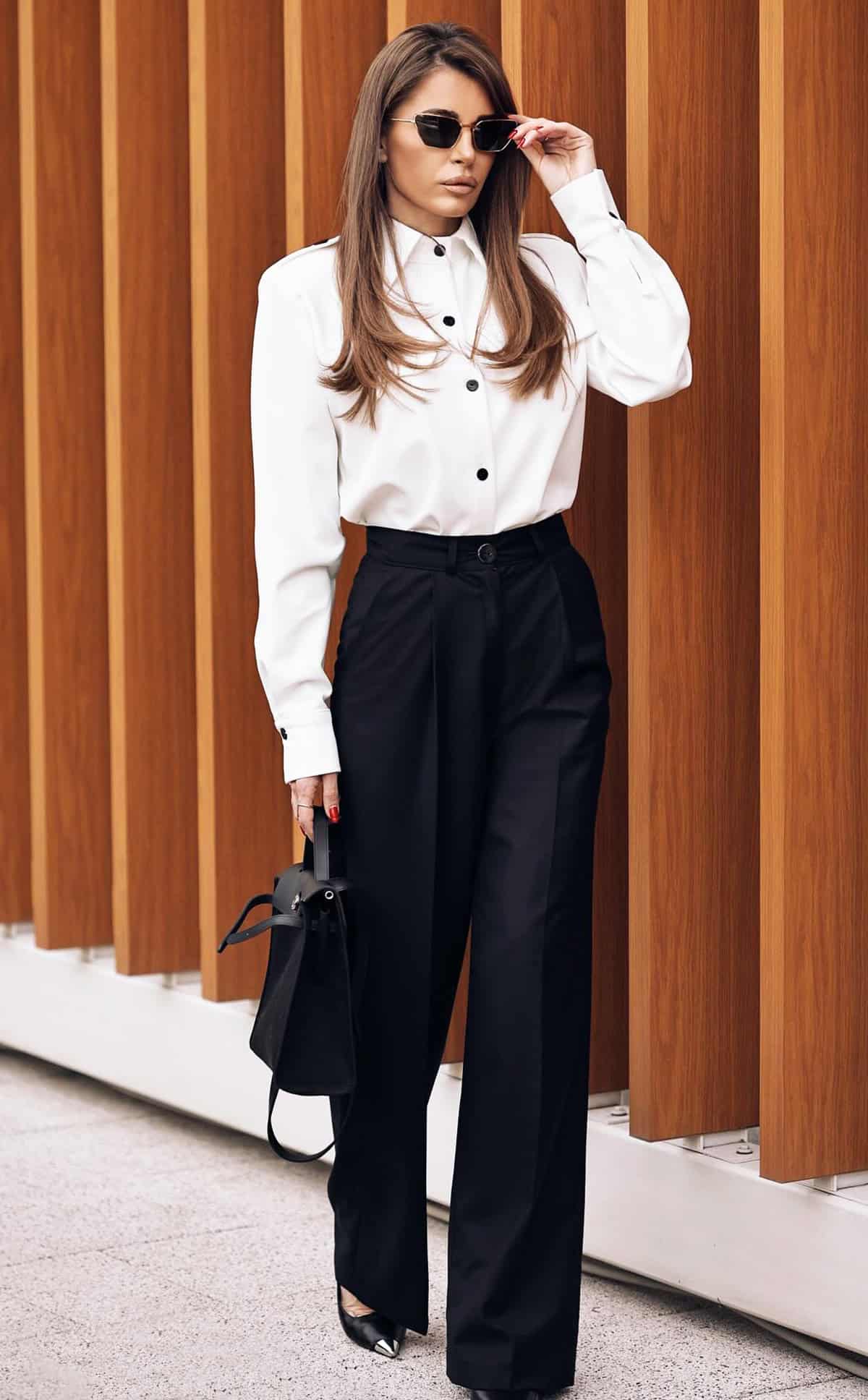 tailored trousers with a tucked-in blouse