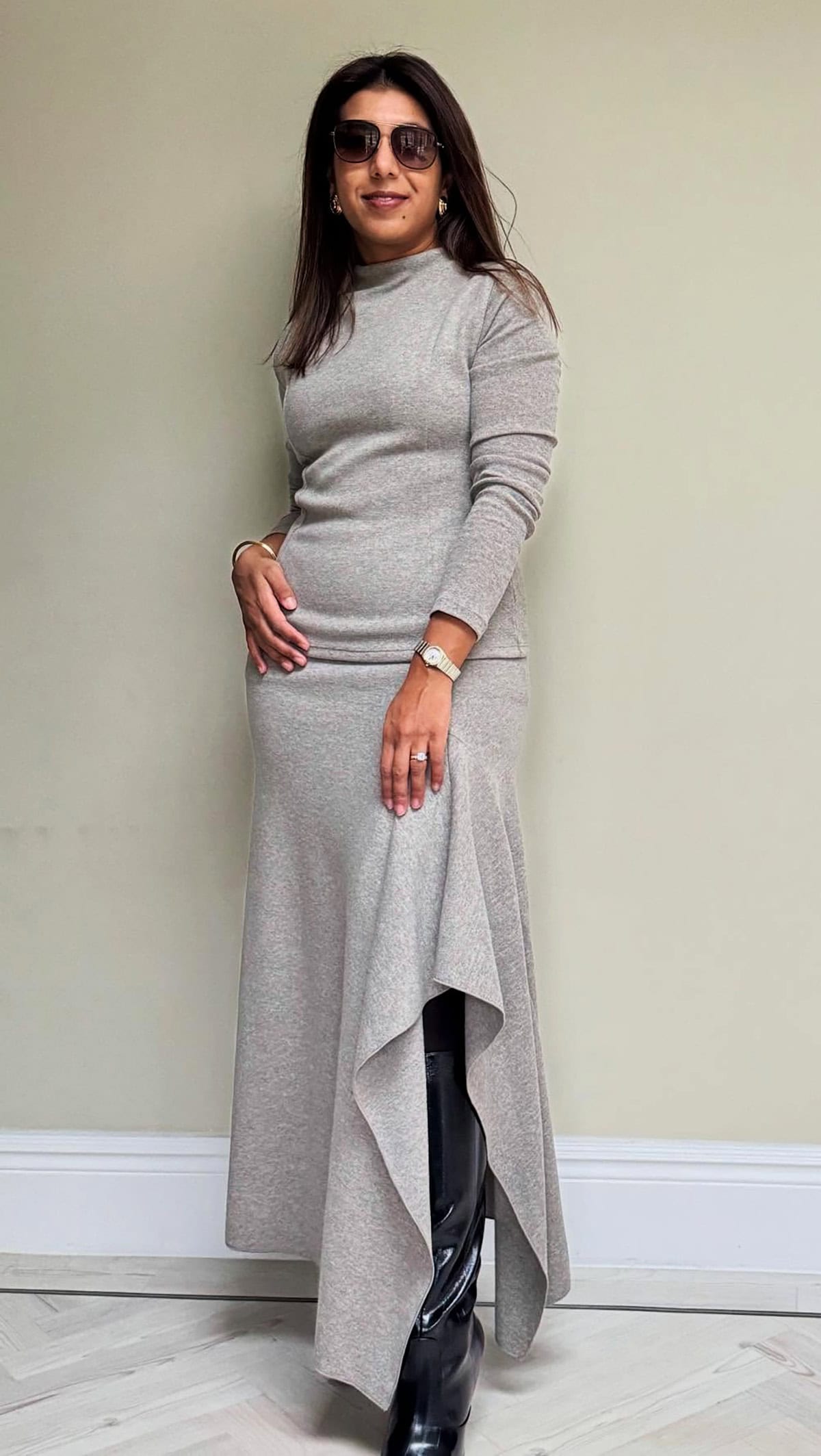 neutral knit midi dress styled for a classy office look
