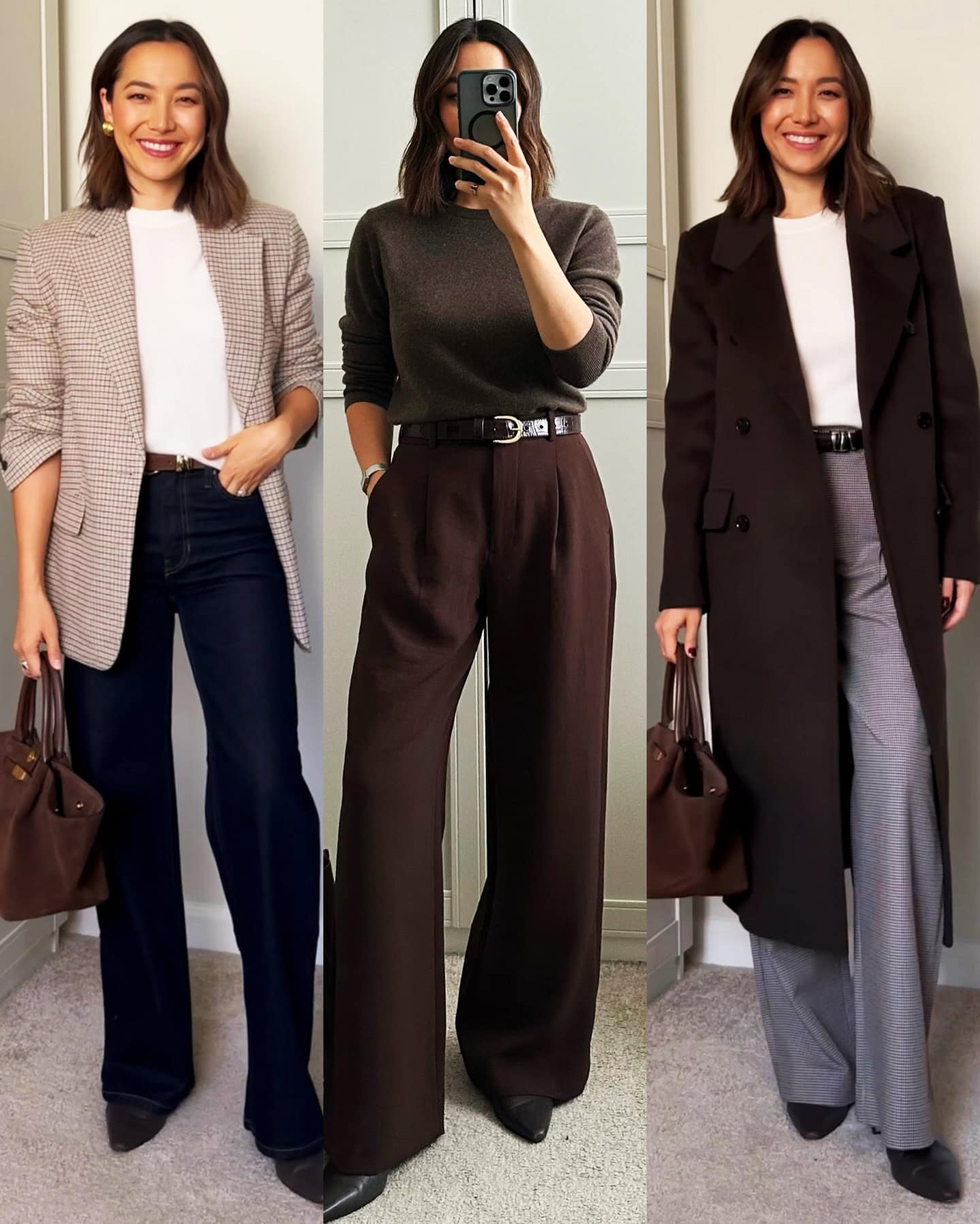 3 panel collage of women's business casual outfits