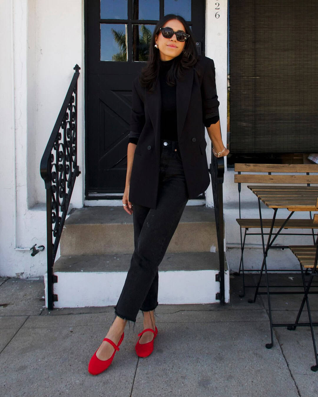 neutral outfit with one colorful accent piece