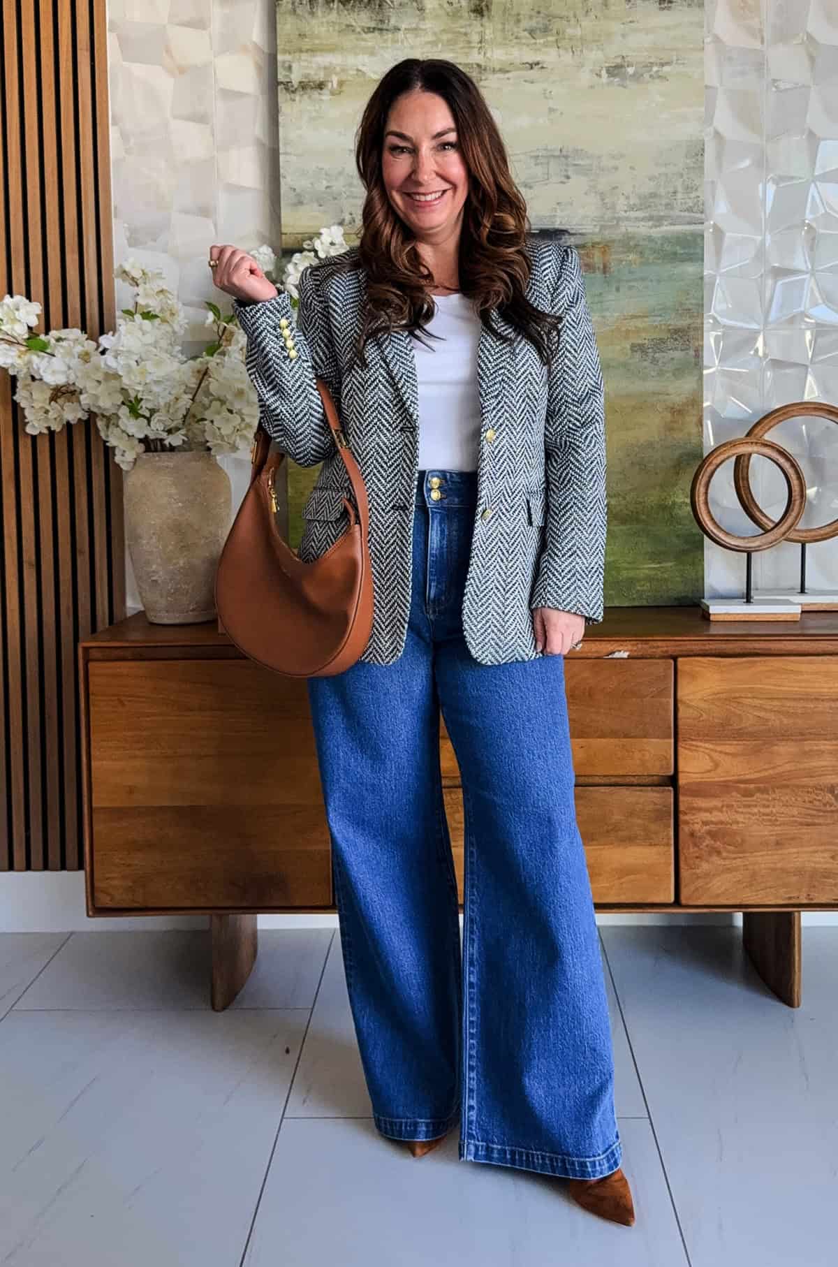 blazer with wide-leg jeans for a smart casual office outfit
