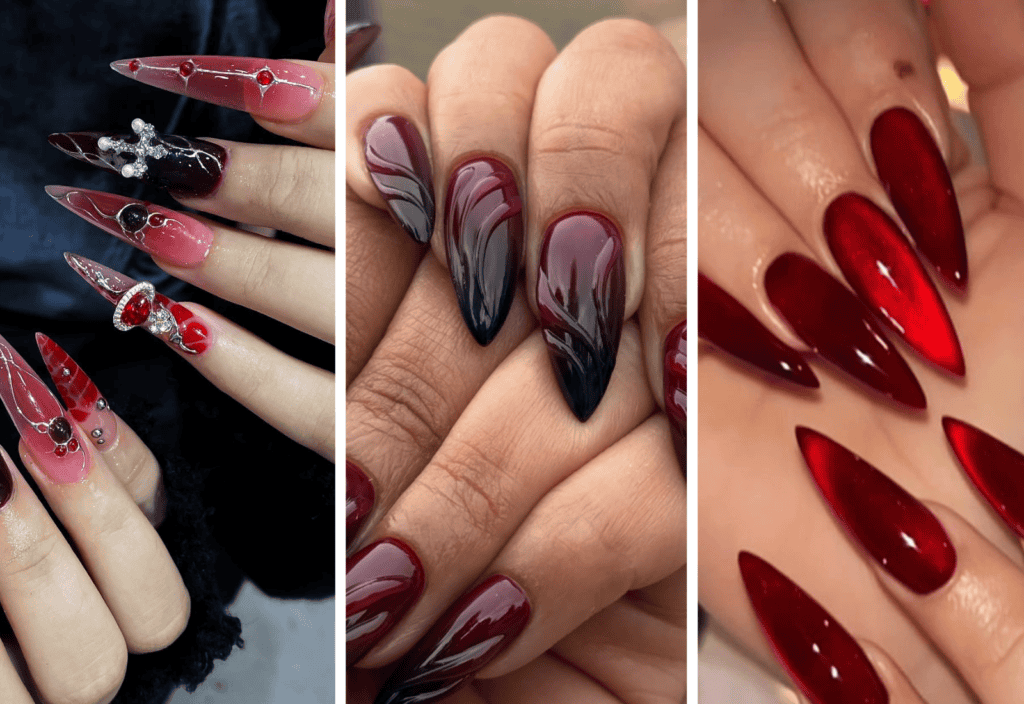 3 panel collage showing different red baddie nails design ideas