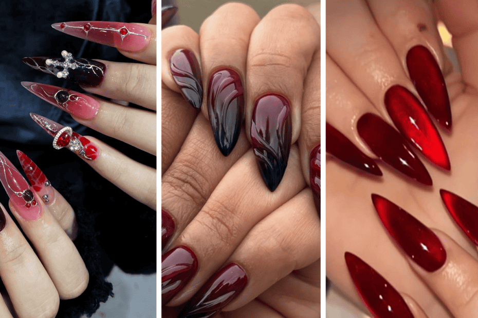 3 panel collage showing different red baddie nails design ideas