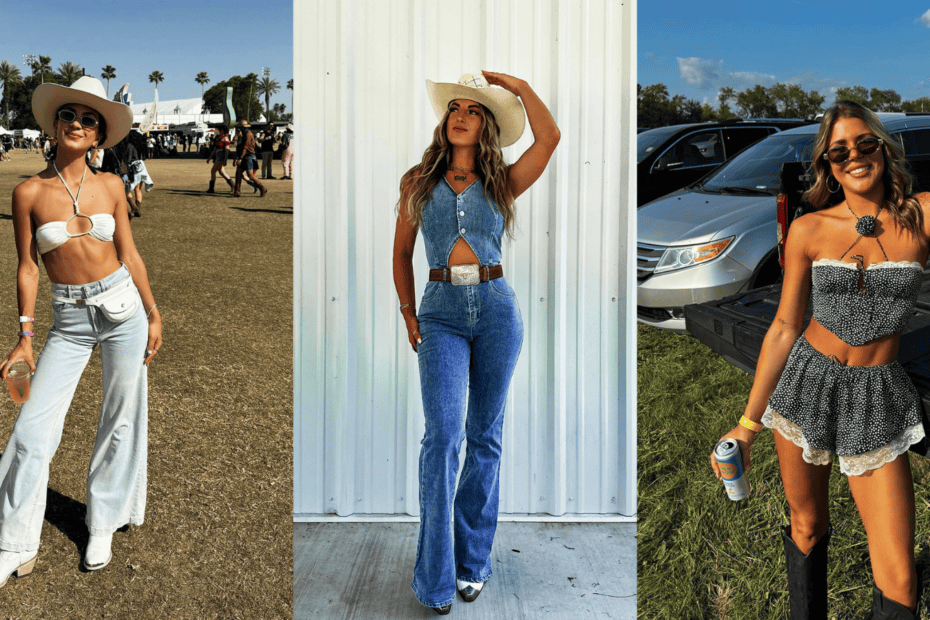 3 panel collage of country music festival outfits