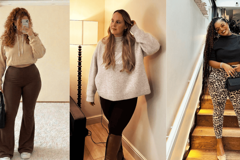 collage of 3 images of plus size leggings outfit ideas