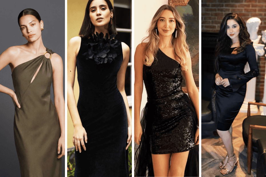 3 panel collage of cocktail dress code ideas on budget