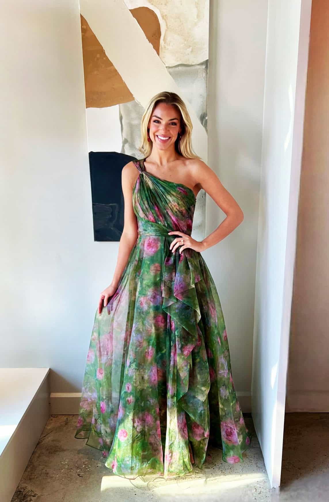 green floral organza dress, cocktail dress code