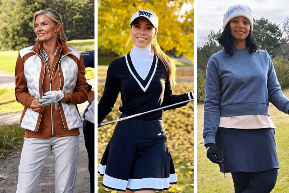 3 panel collage of golf outfits for women