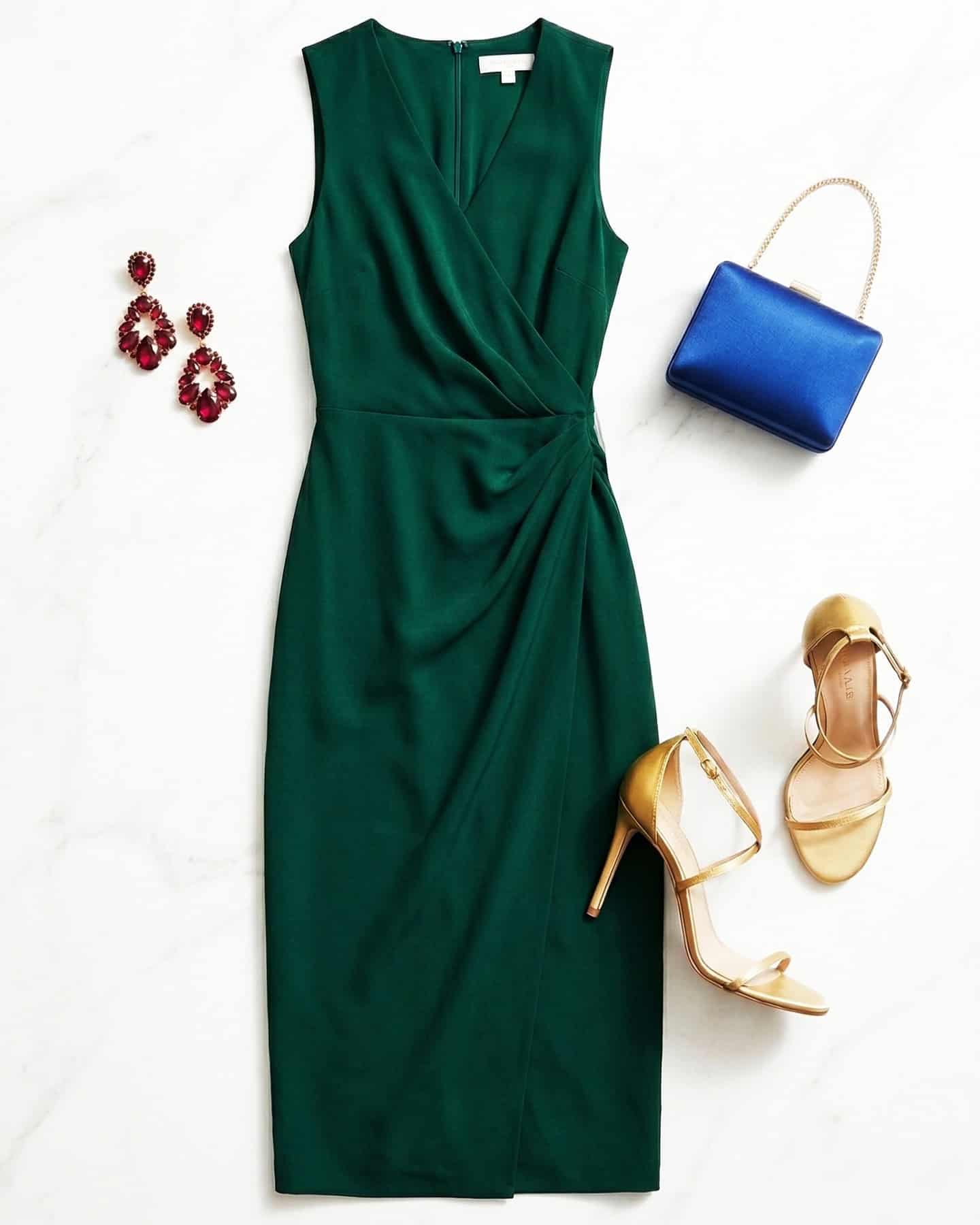flatlay of  green cocktail dress and accessories, cocktail dress code
