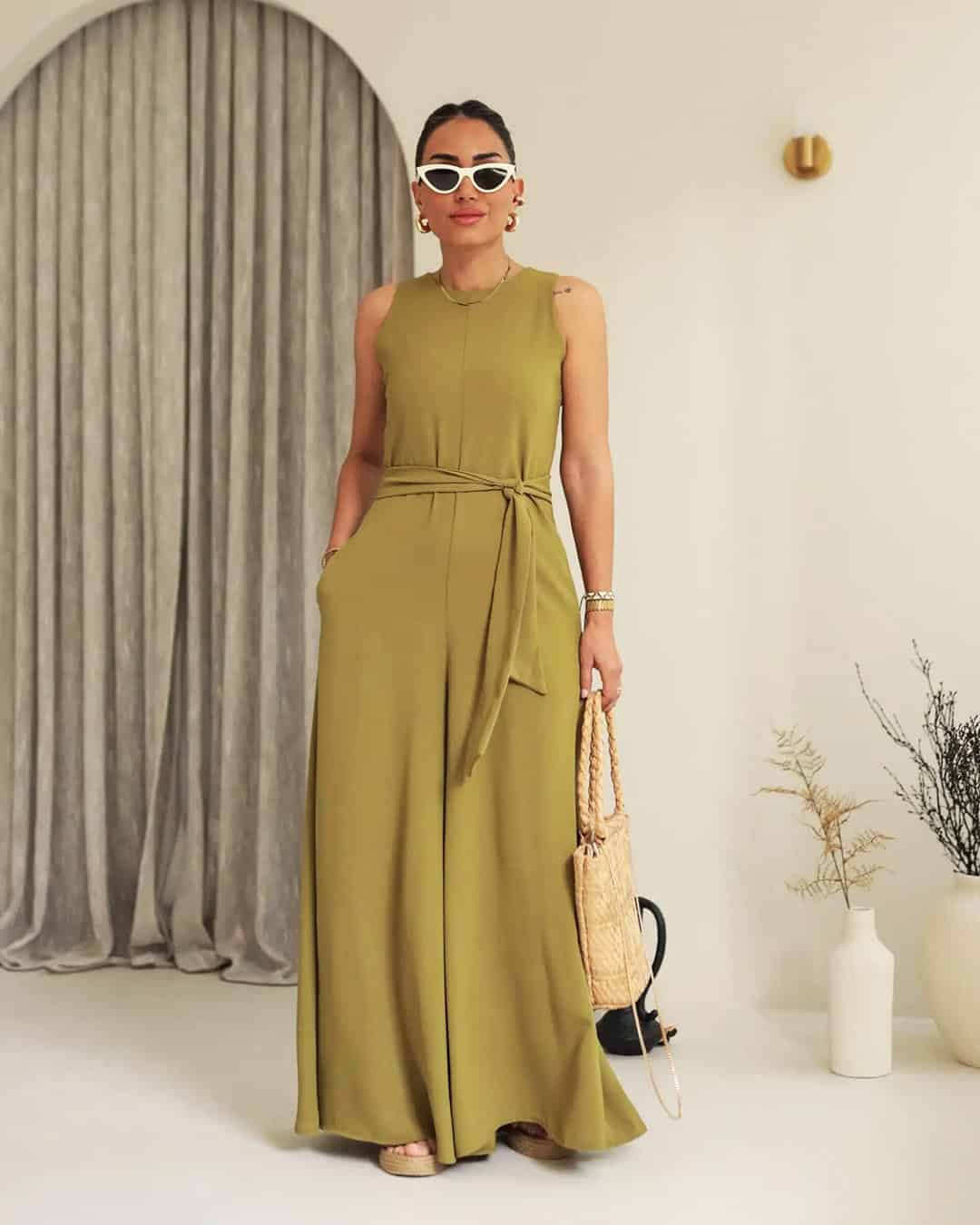 wide leg pantsuit in olive green, cocktail dress code