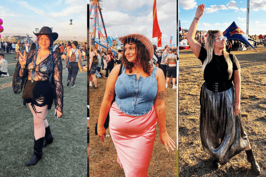 panel collage of festival outfits for plus sized women