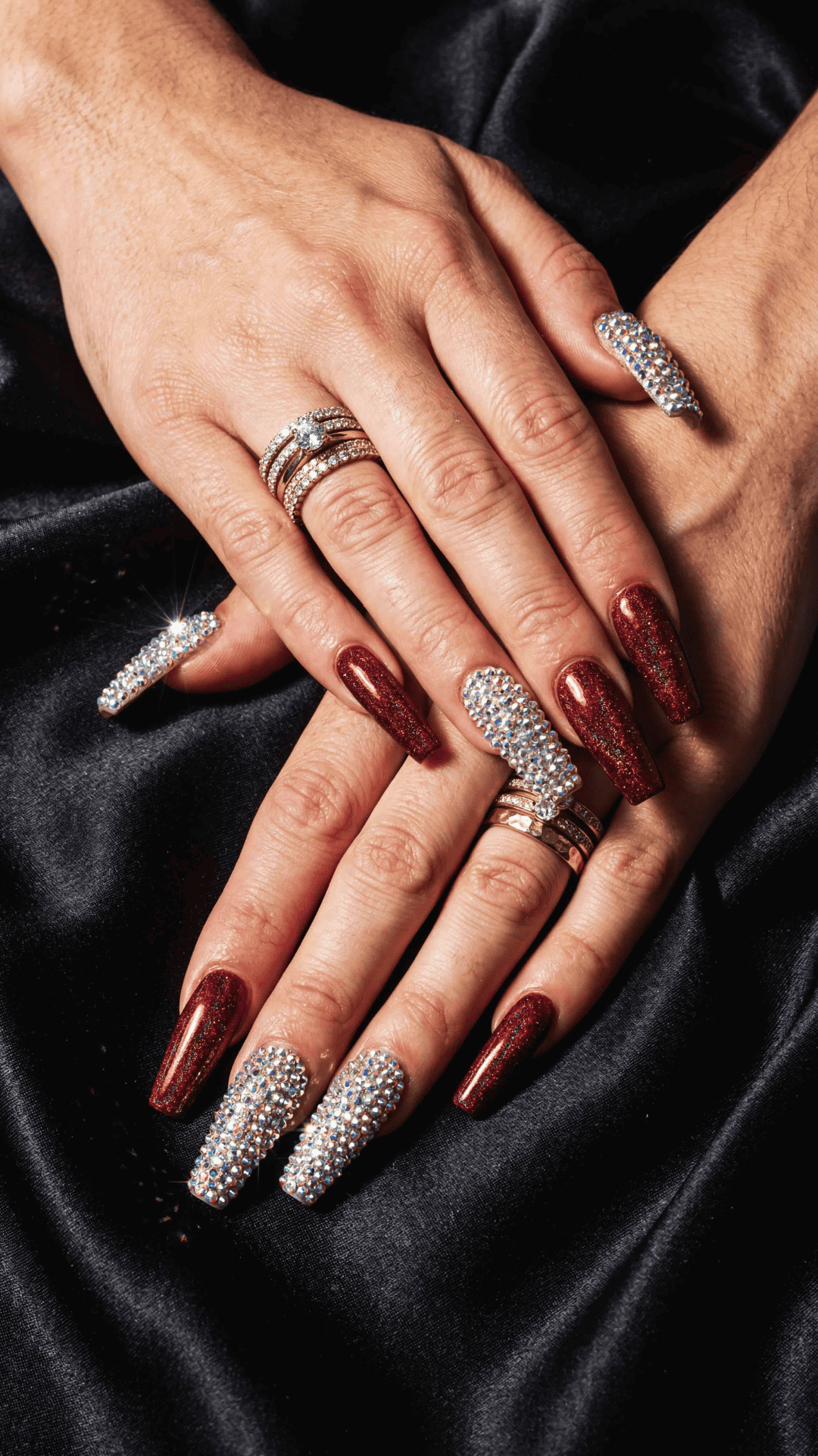 mixed rhinestone red baddie nails set