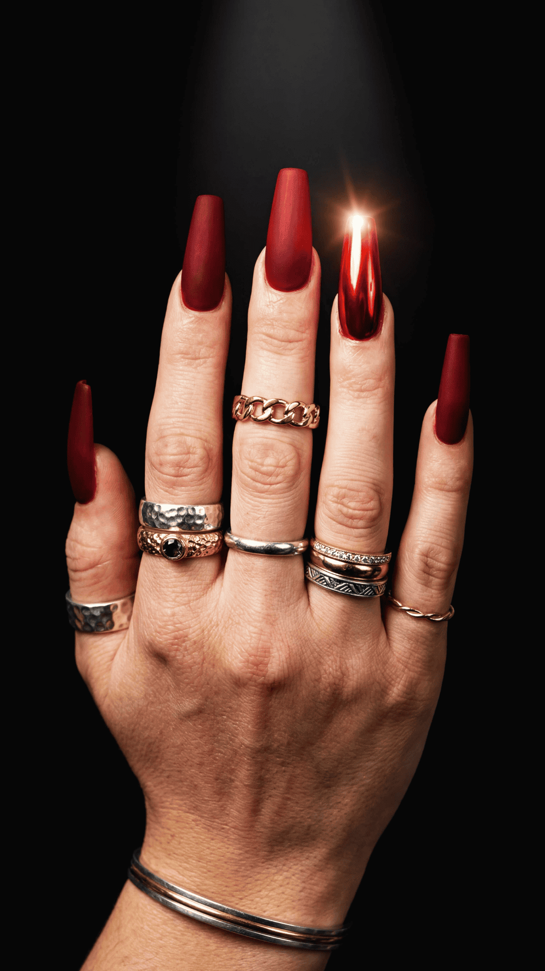 matte red baddie nails with one red chrome accent nail