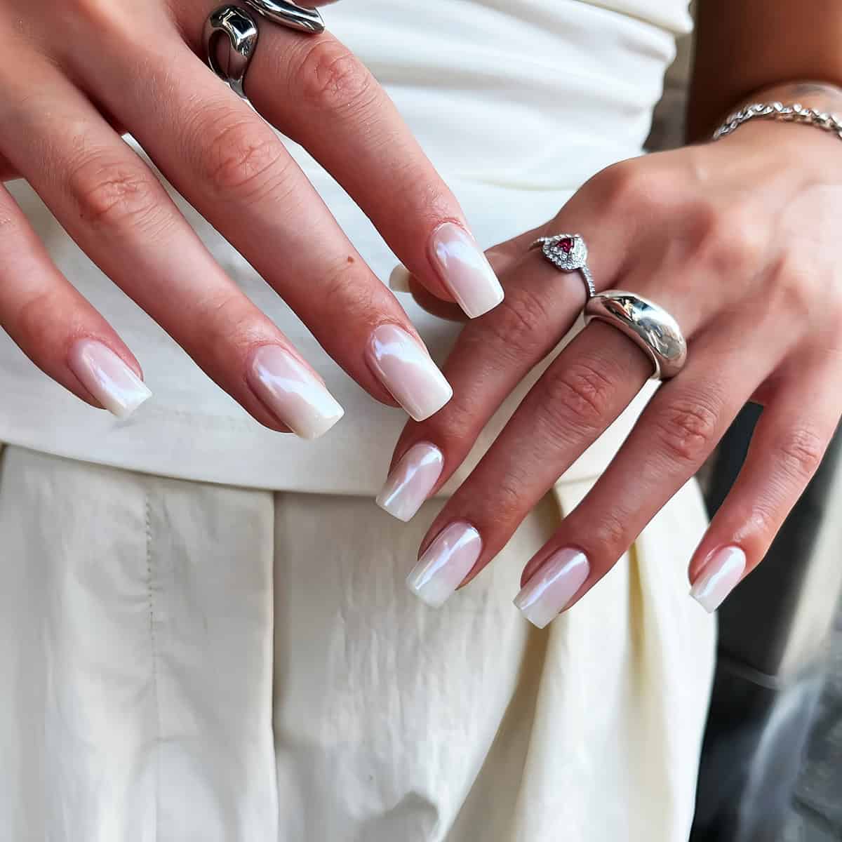 square nails with pearly iridescent white chrome finish white chrome nails